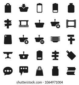 Flat vector icon set - plates vector, cutting board, jar, signpost, film frame, battery, message, table, shopping bag, basket