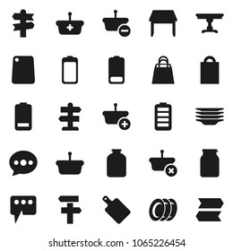 Flat vector icon set - plates vector, cutting board, jar, signpost, battery, message, table, shopping bag, basket