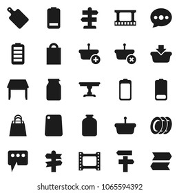 Flat vector icon set - plates vector, cutting board, jar, signpost, film frame, battery, message, table, shopping bag, basket
