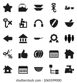 Flat vector icon set - plates vector, pan, kettle, colander, student, medal, university, man, calendar, port, no hook, headphones, finger up, mortar, shield, home, arrow, hierarchy, house, star