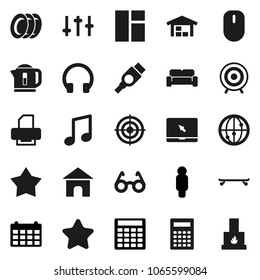 Flat vector icon set - plates vector, glasses, calculator, music, man, calendar, skateboard, target, settings, internet, headphones, notebook pc, hdmi, barn, cushioned furniture, star, kettle, mouse