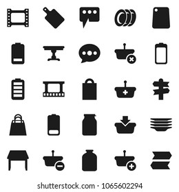 Flat vector icon set - plates vector, cutting board, jar, signpost, film frame, battery, message, table, shopping bag, basket