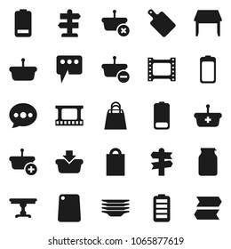 Flat vector icon set - plates vector, cutting board, jar, signpost, film frame, battery, message, table, shopping bag, basket