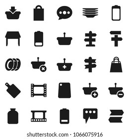 Flat vector icon set - plates vector, cutting board, jar, signpost, film frame, battery, message, table, shopping bag, basket