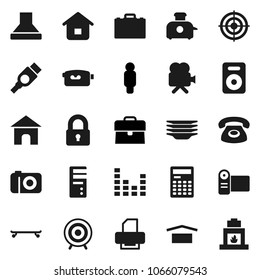 Flat vector icon set - plates vector, case, calculator, man, skateboard, target, dry cargo, equalizer, video camera, speaker, hdmi, lock, phone, home, hood, toaster, computer, printer, fireplace