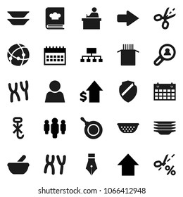 Flat vector icon set - plates vector, pan, colander, cookbook, pasta, pen, student, dollar growth, man, arrow up, hierarchy, calendar, no hook, mortar, chromosomes, connection, shield, user, coupon