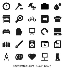 Flat vector icon set - plates vector, cook hat, glove, pen, drawing compass, presentation, document, case, dollar calendar, bike, cargo search, satellitie, notebook pc, speaker, heart, blood drop