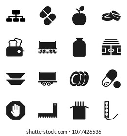 Flat vector icon set - plates vector, jar, pasta, corner ruler, apple fruit, hierarchy, stadium, pills, Railway carriage, truck trailer, stop, toaster, multi socket