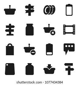 Flat vector icon set - plates vector, cutting board, jar, signpost, film frame, battery, message, shopping bag, basket