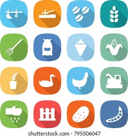 flat vector icon set - plow vector, soil cutter, coffee seeds, spike, fork, flour, grape, corn, seedling, goose, chicken, harvester, sow, grain elevator, potato, peas