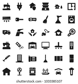 Flat vector icon set - plunger vector, broom, water tap, vacuum cleaner, house hold, oven, home, key, chalet, garage, plan, search estate, relocation truck, love, fridge, building, protect, washer