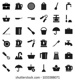 Flat vector icon set - plunger vector, broom, fetlock, bucket, water tap, car, toilet brush, pan, kettle, measuring cup, cook press, whisk, spatula, grater, sieve, case, hand trainer, umbrella
