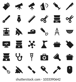 Flat vector icon set - plunger vector, scraper, steaming, rubber glove, pan, colander, cook press, whisk, spatula, rolling pin, meat hammer, cutting board, double boiler, blender, pen, ruler, mouse
