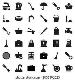 Flat vector icon set - plunger vector, broom, fetlock, bucket, water tap, toilet brush, pan, kettle, measuring cup, cook press, whisk, spatula, ladle, grater, sieve, case, umbrella, scalpel, supply