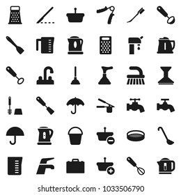 Flat vector icon set - plunger vector, water tap, fetlock, bucket, car, toilet brush, kettle, measuring cup, cook press, whisk, spatula, ladle, grater, sieve, case, hand trainer, umbrella, scalpel