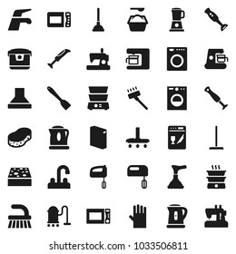 Flat vector icon set - plunger vector, water tap, vacuum cleaner, fetlock, mop, sponge, washing powder, rubber glove, kettle, spatula, microwave oven, double boiler, blender, washer, dishwasher