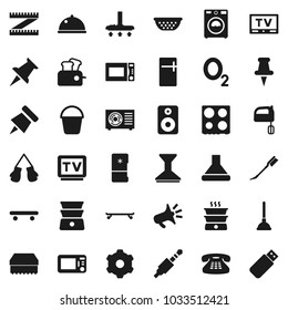 Flat vector icon set - plunger vector, vacuum cleaner, bucket, sponge, car fetlock, washer, colander, mixer, microwave oven, double boiler, dish, paper pin, measuring, boxing glove, skateboard, tv