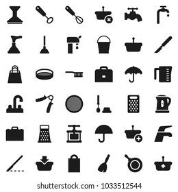 Flat vector icon set - plunger vector, broom, water tap, fetlock, bucket, car, toilet brush, pan, kettle, measuring cup, cook press, whisk, grater, sieve, case, hand trainer, umbrella, scalpel