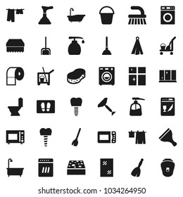 Flat vector icon set - plunger vector, scraper, cleaner trolley, broom, fetlock, scoop, bucket, sponge, window cleaning, welcome mat, bath, toilet, drying clothes, washer, liquid soap, shining