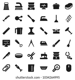 Flat vector icon set - plunger vector, scraper, broom, fetlock, sponge, car, iron, pan, colander, measuring cup, whisk, spatula, grater, double boiler, blender, sieve, pen, ruler, drawing compass