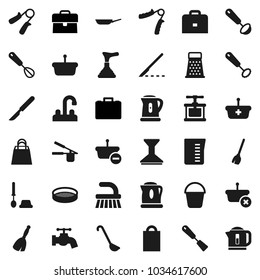 Flat vector icon set - plunger vector, broom, fetlock, bucket, water tap, car, toilet brush, pan, kettle, measuring cup, cook press, whisk, spatula, ladle, grater, sieve, case, hand trainer, scalpel
