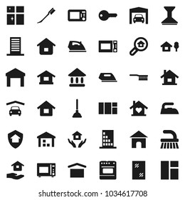Flat vector icon set - plunger vector, fetlock, car, window cleaning, iron, shining, house hold, microwave oven, university, dry cargo, warehouse, chalet, garage, search estate, key, love home