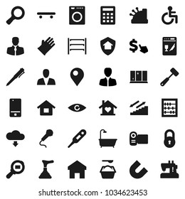 Flat vector icon set - plunger vector, washing powder, rubber glove, shining window, meat hammer, pen, magnet, abacus, magnifier, manager, dollar cursor, skateboard, stairways run, client, shelving