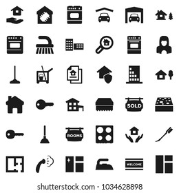 Flat vector icon set - plunger vector, cleaner trolley, fetlock, mop, sponge, car, window cleaning, welcome mat, iron, steaming, house hold, woman, oven, school building, home, key, cottage, chalet