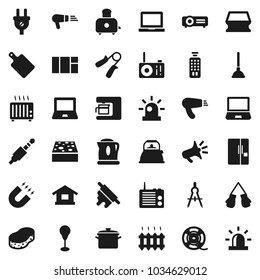 Flat vector icon set - plunger vector, sponge, pan, kettle, rolling pin, cutting board, toaster, drawing compass, notebook pc, magnet, hand trainer, punching bag, boxing glove, film spool, jack