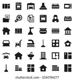 Flat vector icon set - plunger vector, cleaner trolley, fetlock, mop, sponge, window cleaning, welcome mat, shining, sink, woman, microwave oven, university, home, garage, plan, estate document