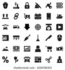 Flat vector icon set - plunger vector, towel, scales, knife, rolling pin, backpack, school bus, laptop graph, cash, arrow down, target, satellite, money, ship, consolidated cargo, top sign, tulip