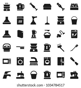 Flat vector icon set - plunger vector, water tap, vacuum cleaner, fetlock, mop, bucket, sponge, car, washing powder, kettle, spatula, microwave oven, double boiler, blender, fridge, washer, hood