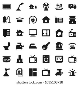 Flat vector icon set - plunger vector, vacuum cleaner, iron, toilet, sink, dry cargo, tv, chalet, garage, plan, estate document, sold signboard, relocation truck, love home, smart, password, washer
