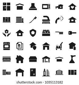 Flat vector icon set - plunger vector, cleaner trolley, fetlock, sponge, car, window cleaning, welcome mat, steaming, shining, house hold, microwave oven, school building, dry cargo, warehouse, home