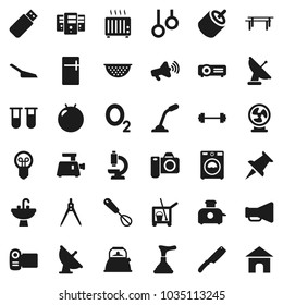 Flat vector icon set - plunger vector, cleaner trolley, scoop, washer, sink, kettle, colander, whisk, knife, drawing compass, barbell, horizontal bar, fitball, gymnast rings, oxygen, loudspeaker