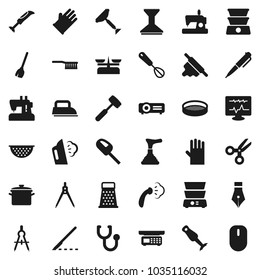 Flat vector icon set - plunger vector, scraper, broom, fetlock, car, steaming, rubber glove, pan, colander, whisk, rolling pin, meat hammer, grater, double boiler, blender, sieve, pen, scissors