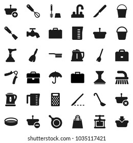 Flat vector icon set - plunger vector, broom, fetlock, bucket, water tap, car, toilet brush, pan, kettle, measuring cup, cook press, whisk, spatula, ladle, grater, sieve, case, hand trainer, scalpel