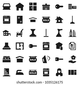 Flat vector icon set - plunger vector, cleaner trolley, mop, sponge, car fetlock, window cleaning, iron, steaming, shining, house hold, woman, oven, university, school building, dry cargo, home, key