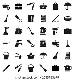 Flat vector icon set - plunger vector, broom, water tap, bucket, pan, kettle, measuring cup, cook press, whisk, spatula, ladle, grater, sieve, case, hand trainer, umbrella, scalpel, supply, basket