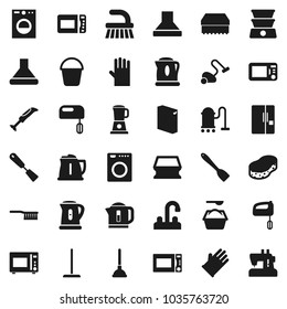 Flat vector icon set - plunger vector, vacuum cleaner, fetlock, mop, bucket, sponge, washing powder, rubber glove, water tap, kettle, spatula, microwave oven, fridge, washer, mixer, hood, blender