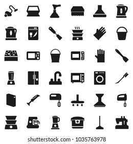 Flat vector icon set - plunger vector, vacuum cleaner, mop, bucket, sponge, car fetlock, washing powder, rubber glove, water tap, kettle, spatula, microwave oven, fridge, washer, dishwasher, mixer