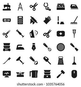 Flat vector icon set - plunger vector, scraper, rake, sponge, car fetlock, iron, steaming, toilet brush, rubber glove, measuring cup, whisk, spatula, ladle, rolling pin, meat hammer, grater, sieve