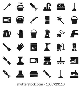 Flat vector icon set - plunger vector, water tap, vacuum cleaner, mop, bucket, sponge, car fetlock, washing powder, rubber glove, kettle, spatula, microwave oven, blender, fridge, dishwasher, hood