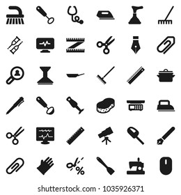 Flat vector icon set - plunger vector, fetlock, rake, sponge, car, rubber glove, pan, whisk, spatula, ladle, blender, pen, ruler, telescope, scissors, measuring, crutches, stethoscope, attachment