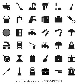 Flat vector icon set - plunger vector, broom, water tap, fetlock, bucket, car, toilet brush, pan, measuring cup, cook press, whisk, ladle, grater, sieve, case, hand trainer, umbrella, supply, basket