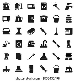 Flat vector icon set - plunger vector, water tap, vacuum cleaner, bucket, sponge, car fetlock, washing powder, kettle, spatula, microwave oven, blender, fridge, washer, dishwasher, coffee maker