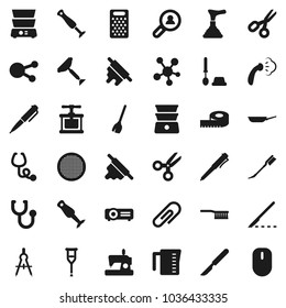 Flat vector icon set - plunger vector, scraper, broom, fetlock, car, steaming, toilet brush, pan, measuring cup, cook press, rolling pin, grater, double boiler, blender, sieve, drawing compass, pen