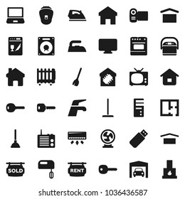 Flat vector icon set - plunger vector, broom, water tap, mop, iron, dry cargo, home, key, garage, plan, rent signboard, sold, tv, smart, dishwasher, mixer, multi cooker, oven, monitor, epilator, fan