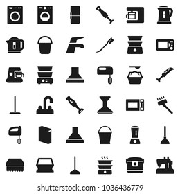 Flat vector icon set - plunger vector, water tap, vacuum cleaner, mop, bucket, sponge, car fetlock, washing powder, kettle, microwave oven, double boiler, blender, fridge, washer, mixer, hood