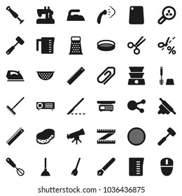 Flat vector icon set - plunger vector, broom, rake, sponge, iron, steaming, toilet brush, colander, measuring cup, whisk, rolling pin, meat hammer, cutting board, grater, sieve, pen, ruler, scissors